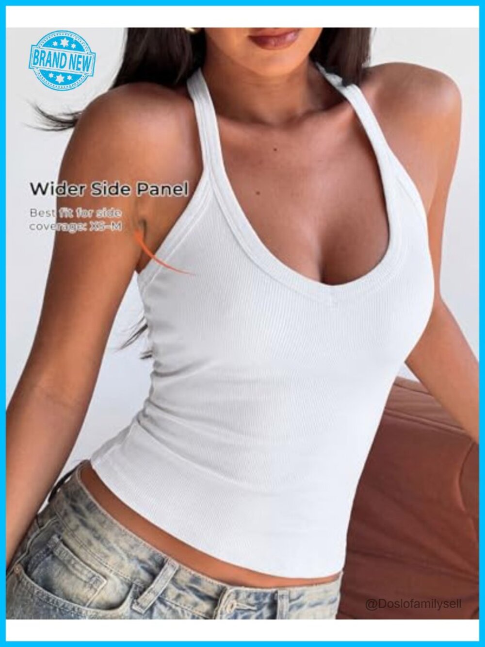 Halter Tank Top with Built in Bra Cotton Ribbed V Neck Cami Sleeveless - Picture 3 of 7